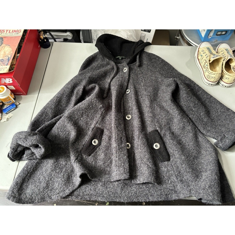 For Cynthia 100% Wool Hooded Tunic Cape Coat  Size S Gray Black